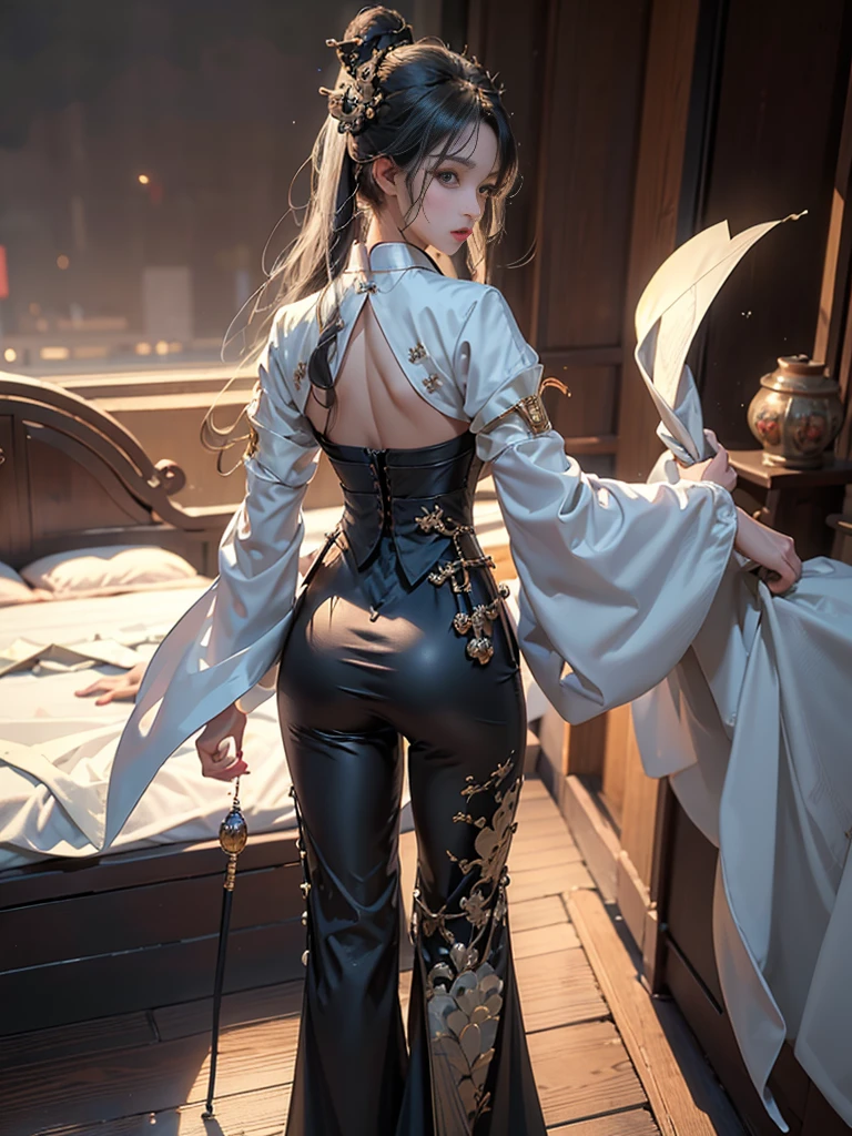 ((best quality)),((excellent quality, 8K, master piece: 1.5)), The pubic area is clear: 1.4, perfect body beauty: 1.4,  sexy hanfu clothes，sexy hanfu clothes，I can see your pants，gray hair，wet skin, sleeping in bed，back stance，pointed ass，round butt，pointed ass，Raise your ass，film texture，