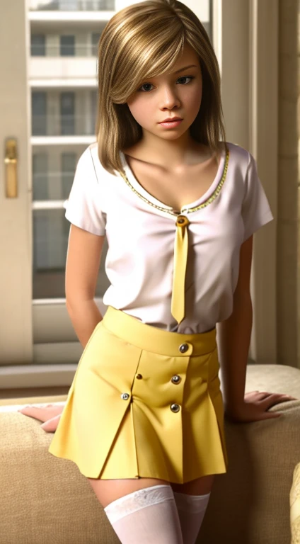 young Riley Andersen, neckline, diaphragm, dressed in sexy , white shirt with button, yellow tie, wide short skirt, long white stockings, 