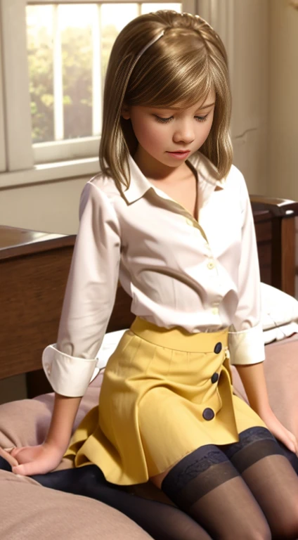 young Riley Andersen, neckline, diaphragm, dressed in sexy , white shirt with button, yellow tie, wide short skirt, long white stockings, 