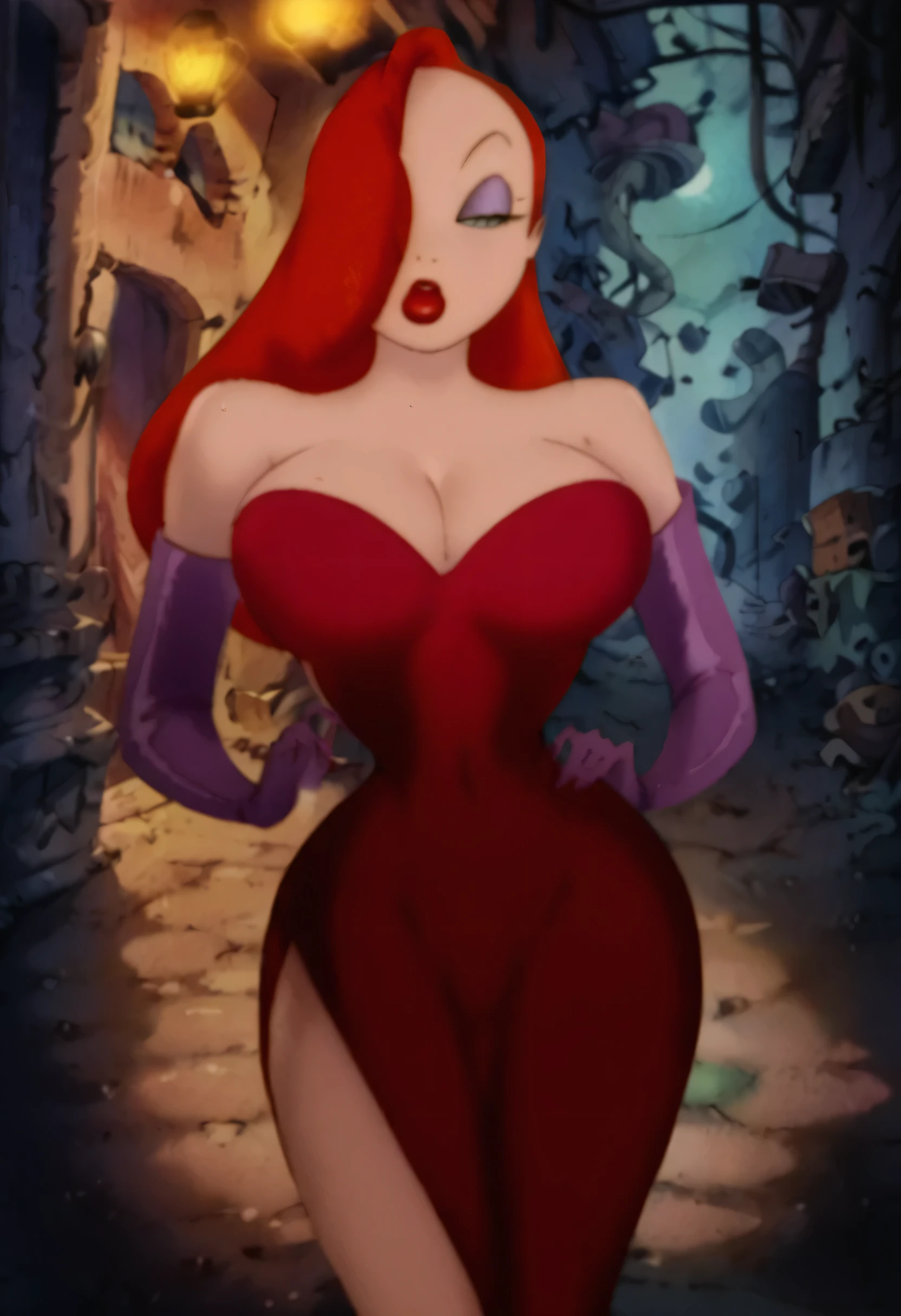 Jessica Rabbit, curly hair, very tiny miniskirt, grey pantyhose crotch,  sitting  open  legs,  heels,  head  band, sun shiny day 