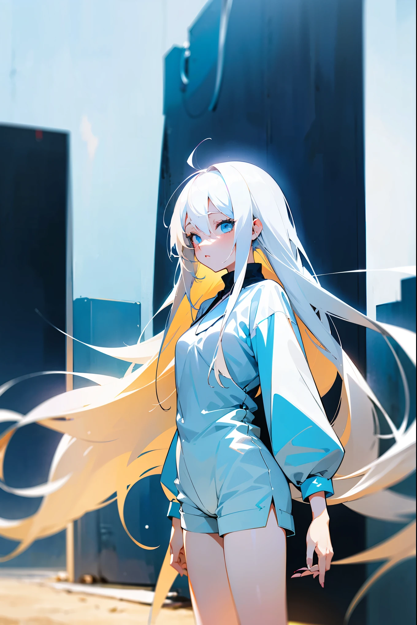 anime girl with white hair and blue shorts standing on a beach, girl with white hair, perfect white haired girl, anime girl, blonde anime girl with long hair, white haired, an anime girl, digital anime illustration, ross tran style, white haired lady, digital art on pixiv, (anime girl), digital anime art, beautiful anime girl