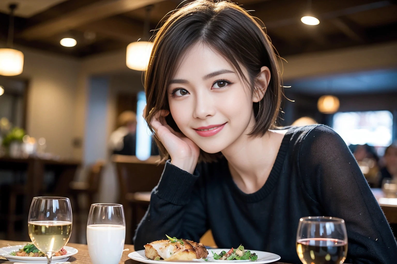 (Realistic:1.1),(masterpiece,Highest quality),8k,(49 years old), 53 years old, ベリーslimボディ、slimカップル、Tight waist,Upper Body,full-course dinner、wine 、Amazing view of the sunset sky and clouds、Perfect Anatomy, Brown Hair, short hair,Random Hairstyles,((Highly detailed face and eyes:1.2)),Perfect golden ratio face,Long sleeve shirt、dress,(smile:1.2)、Shortcuts、cute、(Realistic, Intricate details:1.2), A bright smile、short hair,Bright Face、赤wine 、Appetizers、Italian food、wine bottle、Champagne、スパークリングwine、(slimな顔), (The body is slim), (Brown Hair), (Shortcuts), Upper Body, 白wine, slim, wineグラス,