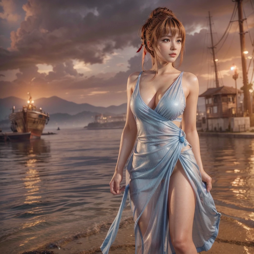 Kasumi, brown eyes, (best quality, ultra detail), (realistic:1.37), beautiful and detailed face, ultra-realistic texture, Delicate face, delicate body, red lipstick, bright colors. high definition, 8K. very serious expression and penetrating gauze
