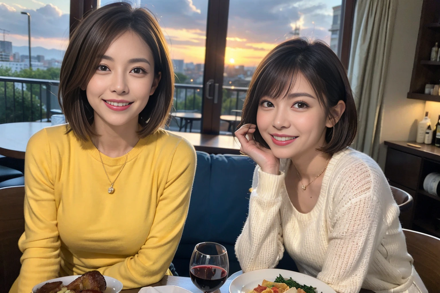 (Realistic:1.1),(masterpiece,Highest quality),8k,(49 years old), 53 years old, ベリーslimボディ、slimカップル、Tight waist,Upper Body,full-course dinner、wine 、Amazing view of the sunset sky and clouds、Perfect Anatomy, Brown Hair, short hair,Random Hairstyles,((Highly detailed face and eyes:1.2)),Perfect golden ratio face,Long sleeve shirt、dress,(smile:1.2)、Shortcuts、cute、(Realistic, Intricate details:1.2), A bright smile、short hair,Bright Face、赤wine 、Appetizers、Italian food、wine bottle、Champagne、スパークリングwine、(slimな顔), (The body is slim), (Brown Hair), (Shortcuts), Upper Body, 白wine, slim, wineグラス,