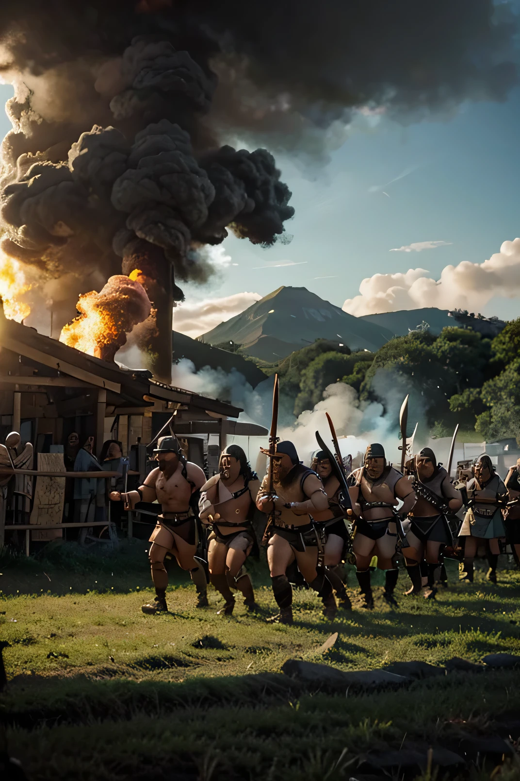 a group of ancient barbarian warriors, sacking a town, burning huts, green field, in the morning