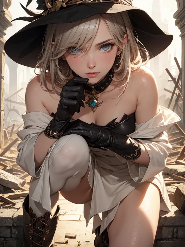 (by Greg Rutkowski: 1.2), (masterpiece), ((best quality)), extremely delicate and beautiful, illustration, ((highly detailed face and body, highly detailed hand and fingers)). ((magician girl in the ruins of an ancient civilization, 1 girl, (close-up), witch, magic, high leg, bare shoulders, knee high boots, elbow gloves, hat, (sparkling eyes), gradient hair,)), ((Heavy clothing, Very warm clothes)), cool face, HD. elegance. photorealism. Unreal engine. From Brian Froud and Carne Griffiths and Wadim Kashin and John William Waterhouse, 8K post-production, high resolution, hyperdetailed, depth of field, HDR, intricate
