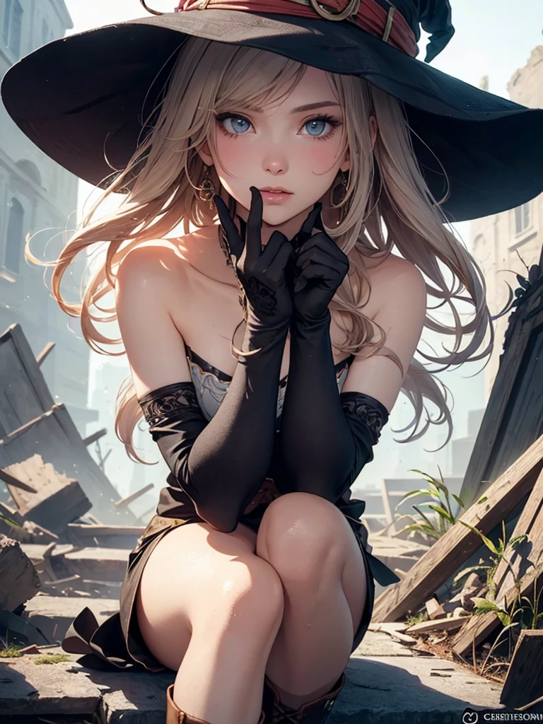(by Greg Rutkowski: 1.2), (masterpiece), ((best quality)), extremely delicate and beautiful, illustration, ((highly detailed face and body, highly detailed hand and fingers)). ((magician girl in the ruins of an ancient civilization, 1 girl, (close-up), witch, magic, high leg, bare shoulders, knee high boots, elbow gloves, hat, (sparkling eyes), gradient hair,)), ((Heavy clothing, Very warm clothes)), cool face, HD. elegance. photorealism. Unreal engine. From Brian Froud and Carne Griffiths and Wadim Kashin and John William Waterhouse, 8K post-production, high resolution, hyperdetailed, depth of field, HDR, intricate