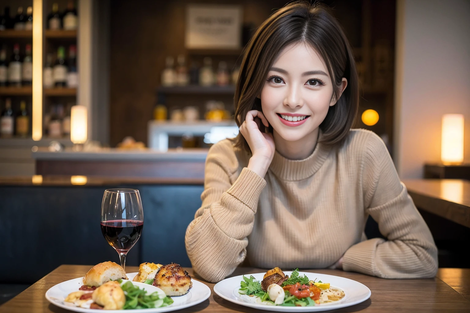 （Realistic:1.1）,(masterpiece,Highest quality)，8k,(49 years old), 53 years old, ベリーslimボディ、slimカップル、Tight waist,Upper Body,full-course dinner、wine 、Amazing view of the sunset sky and clouds、Perfect Anatomy, Brown Hair, short hair,Random Hairstyles,((Highly detailed face and eyes:1.2))，Perfect golden ratio face，Long sleeve shirt、dress,(smile:1.2)、Shortcuts、cute、(Realistic, Intricate details:1.2), A bright smile、short hair,Bright Face、赤wine 、Appetizers、Italian food、wine bottle、Champagne、スパークリングwine、(slimな顔), (The body is slim), (Brown Hair), (Shortcuts),  Upper Body, 白wine, slim, wineグラス, 