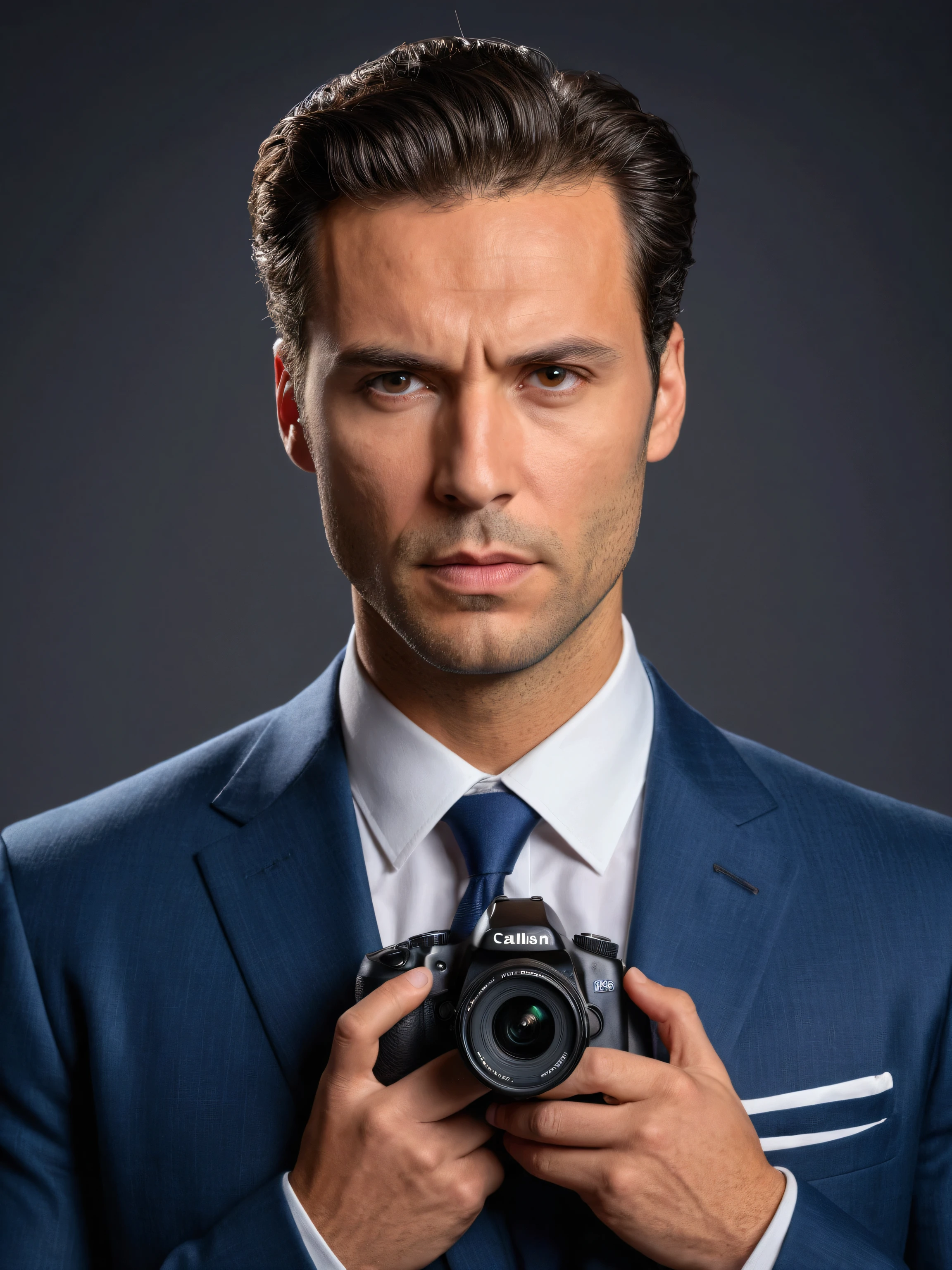 8k, best quality, professional photographer, professional photo shoot, detailed camera, DSLR camera, professional camera, man with camera, man in suit, serious expression, confident pose, natural lighting, high-end studio, seamless backdrop, clean composition, cinematic, high-end portrait, sharp focus, HDR, ultra-detailed, realistic, photorealistic