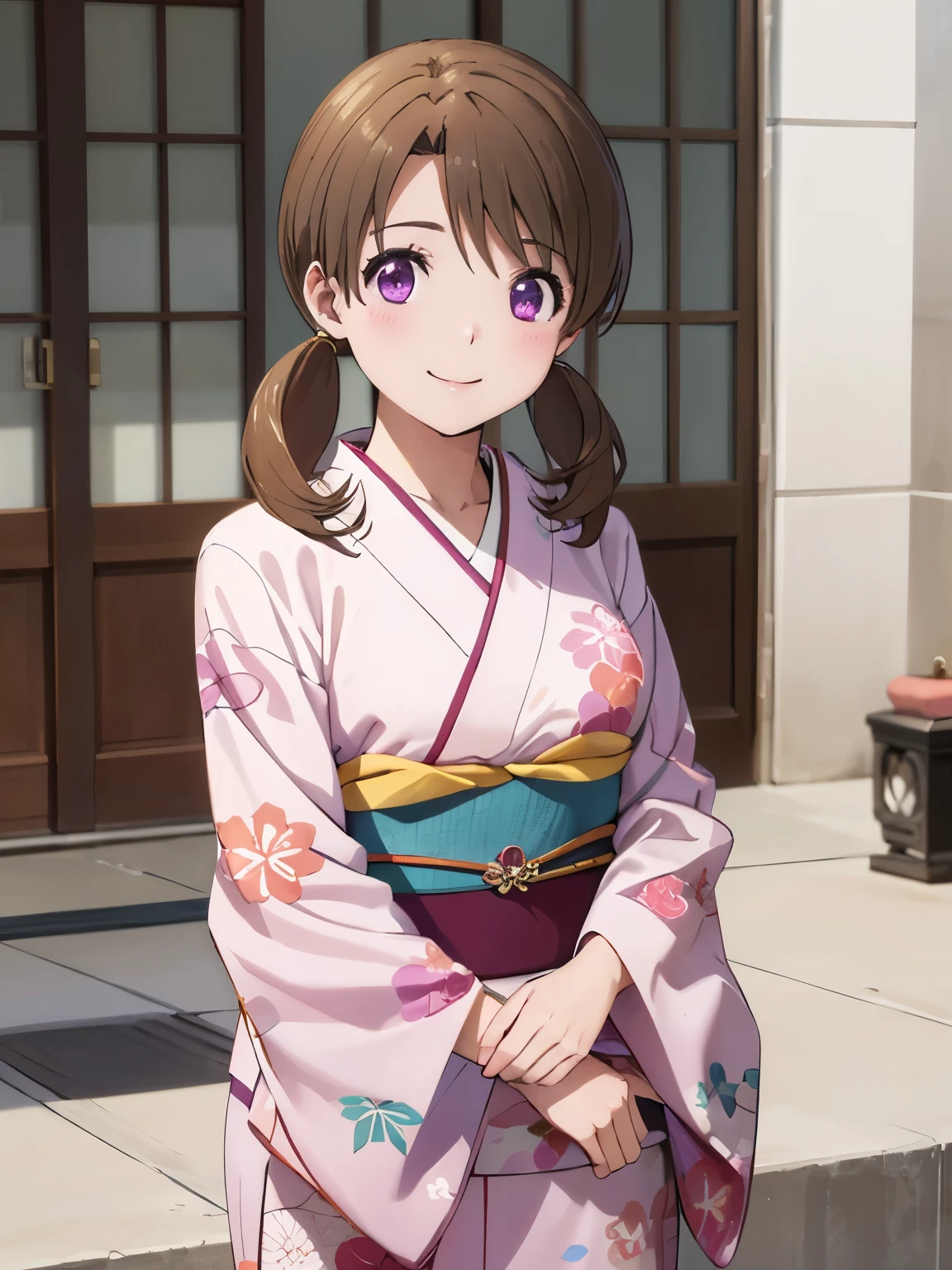 Highest quality、High resolution、whole body、One Girl、Honoka Mitsui、 Brown Hair、Twin tails、Beautiful and attractive purple eyes、Highly detailed face、smile、Closed Mouth、Pink kimono、yukata、Cowboy Shot、(Genuine、Realistic、Realistic)、High resolution、超High resolution、Ultra-fine painting、Physically Based Rendering、Cowboy Shot,
