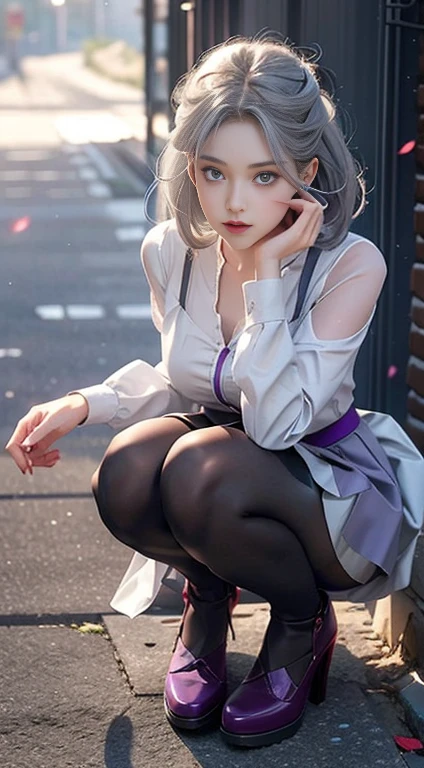 Realistically,One girl,Gray Hair,Purple eyes,Glowing Eyes,Cut the top,skirt,Opened lipake your face bright red,night,Fresh flowers,sun,rays of sunhine,Squat with your legs apart,Standing on tiptoes,I can see your crotch,Beautiful thighs,White pantyhose