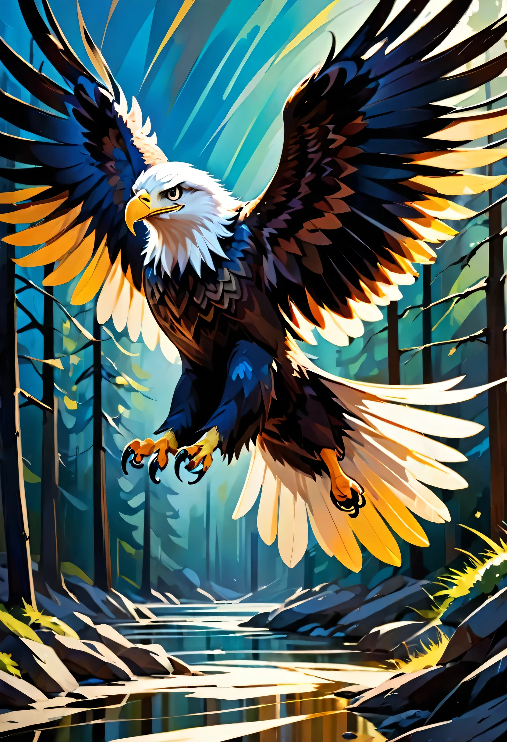 "Visualize an interpretation of an eagle.  To capture its movement and energy in a unique and abstract way. Incorporate bold colors and sharp angles, to convey a feeling of movement and tension. Play with perspective and layering, to create a multidimensional composition, which questions traditional notions of space and form. Be inspired by the avant-garde spirit and see nature in a fresh and innovative light.. Unleash your creativity, as you bring this imaginative scene to life on the screen 