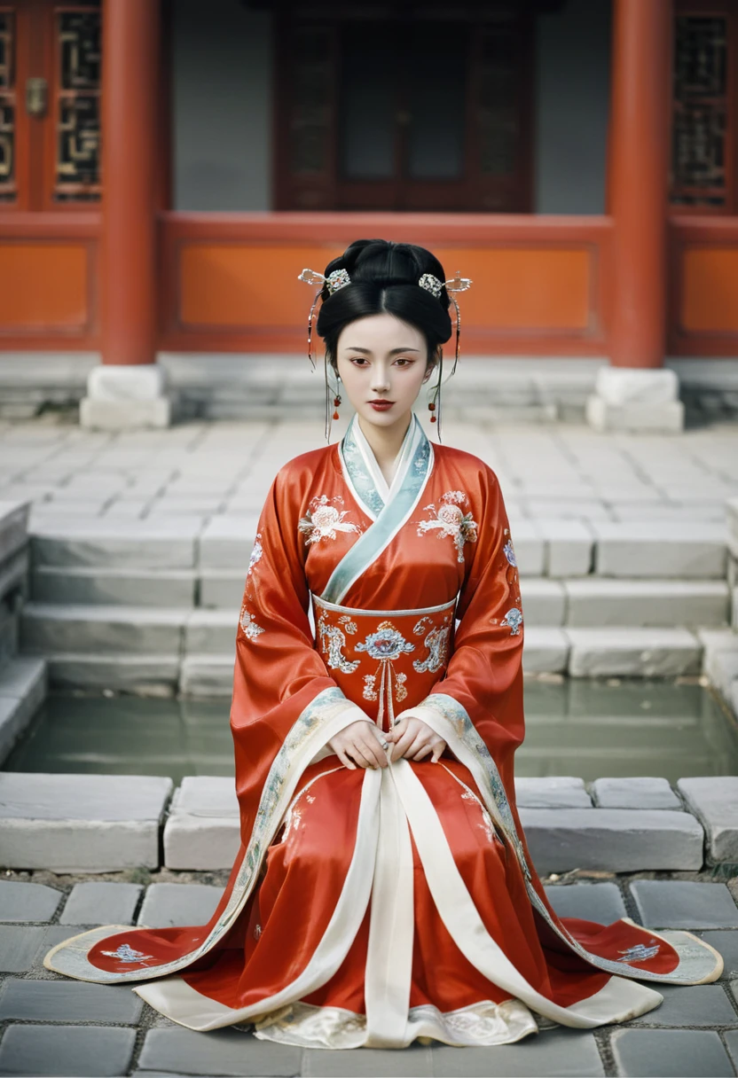A woman seen from the front, facing forward as if urinating on the ground, with her legs spread apart. Empress of the Qing Dynasty, Chinese imperial court. The empress of China is not wearing a crown and is wearing a red Manchu dress with a floral pattern, open at the front, exposing her chest, lower abdomen, thighs and feet.。She is wearing no underwear, and her large breasts are exposed, right down to her bare stomach. Her hair is tied up and pulled up, and the background is the stone pavement of the Chinese palace of the Qing Dynasty.