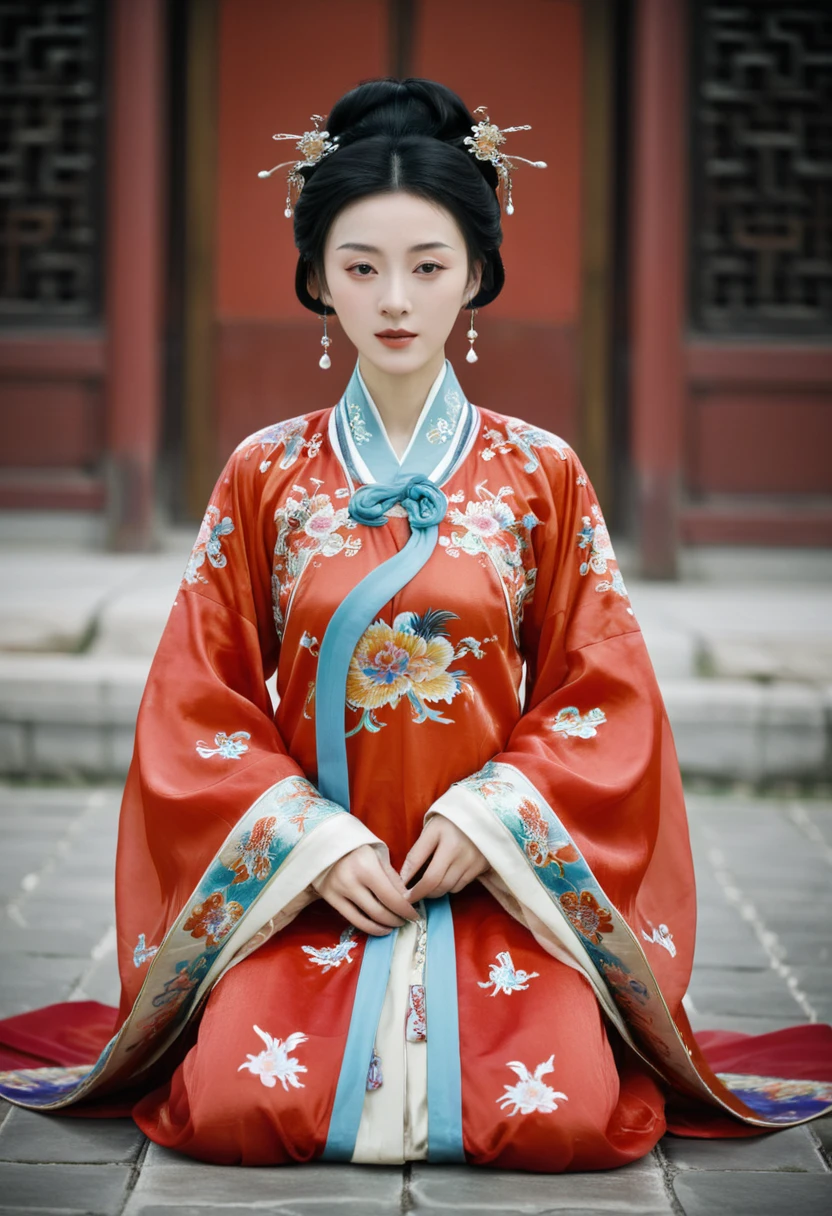 A woman seen from the front, facing forward as if urinating on the ground, with her legs spread apart. Empress of the Qing Dynasty, Chinese imperial court. The empress of China is not wearing a crown and is wearing a red Manchu dress with a floral pattern, open at the front, exposing her chest, lower abdomen, thighs and feet.。She is wearing no underwear, and her large breasts are exposed, right down to her bare stomach. Her hair is tied up and pulled up, and the background is the stone pavement of the Chinese palace of the Qing Dynasty.
