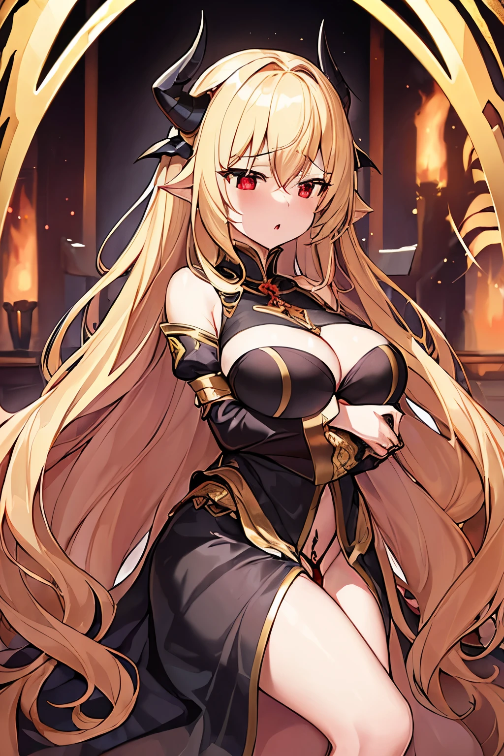 1 girl、Golden long hair、Fantasy、goddess、Black clothing、Gold decoration、Aggressive design、Sleeves that cling to the arms、Bigger breasts、Expose、Shameless、Provocative、Fan、Lust、((Expression of agony))、(sexual excitement)、Trance、Hollow red eyes、Devil hornade a deal with the devil)、Climax