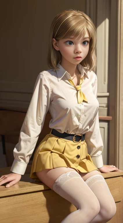 young Riley Andersen, neckline, diaphragm, dressed in sexy , white shirt with button, yellow tie, wide short skirt, long white stockings, 