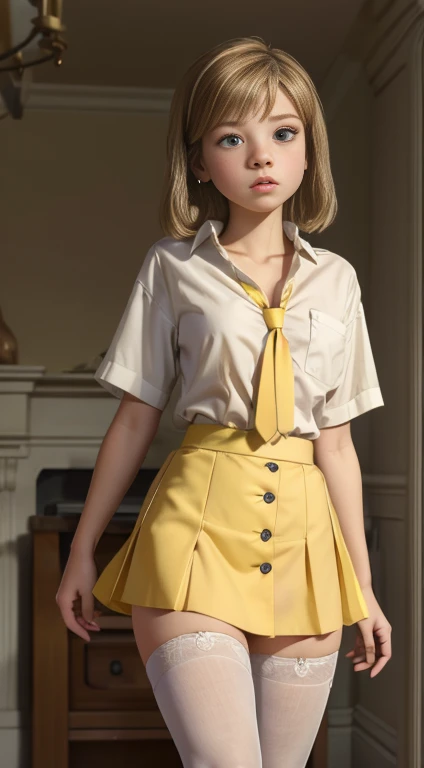 young Riley Andersen, neckline, diaphragm, dressed in sexy , white shirt with button, yellow tie, wide short skirt, long white stockings, 