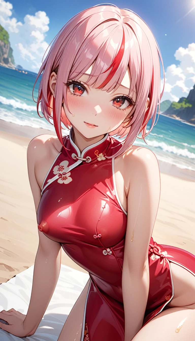 (masterpiece), (best quality), (ultra-detailed), (highest quality), (2.5D), (1 girl), very delicate facial expressions, erotic, only sexy woman, healthy figure, ((22-year-old woman)), 170cm tall, medium firm swaying breasts, (short hair), (pink hair:1.5), pink and salmon pink, ((streaked hair:1.9)), (highlights hair: 1.6), blunt bangs, red eyes, (thin thighs), (camel toe:0.7), (visible nipples:0.7), (Erect nipples:0.7), (cheongsam), shiny and lustrous, facing straight at viewer, (((in heat))), ((Oily_skin)), ((dutch angle)), ((erotic pose)), relaxing by the beach in midsummer