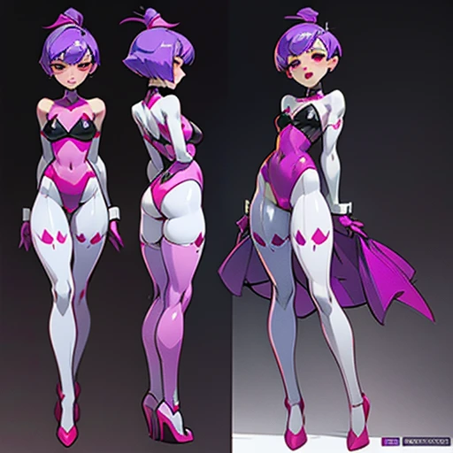 Slim woman with pronounced hips y
And gray skin, with Short purple hair and bop style cut, small black lips, big red eyes , dressed in erotic pink latex bunny suit With and white stockings , in various views (front and back) (full body) ((Character sheet))