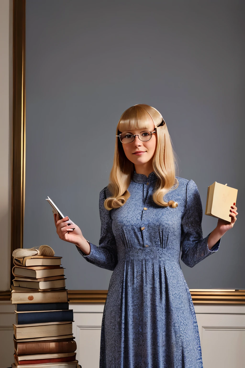 Massachusetts, USA, 2024. A young ((((31-year-old)) Amelia Loman)), holding a pile of books, ((((clothings from the 2020s, nerdy vintage dress)))), ((blonde hairstyle of the 2020s, bob with bangs))