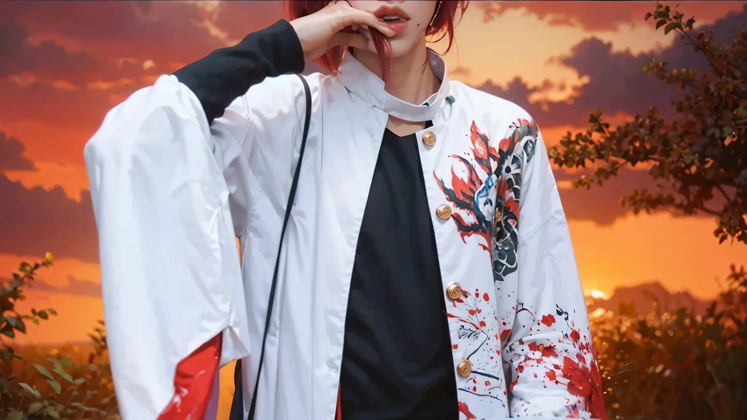 ((TAKASUGI SHINKAKU_FATE GRAND ORDER)),((realistic, photorealistic)),(highlight hair)), Light reflection, (( HD )),((upper body)), (((best quality, masterpiece))), (masterpiece) (best quality) (detail) (8k) (HDR) (wallpaper) (cinematic lighting) (sharp focuasterpiece, best quality: 1.1), Real life adaption of this character, Shining green eyes, realistic outfit, realistic shadow, realistic light, realism, hyper realistic, realistic background,Realistic hair, realistic hair at the back,(photorealistic:1.2),(masterpiece:1.2, best quality), (ultra-detailed), (illustration), (ultra highres), (delicate illustration), (hyper-detailed), (super detail:1.3), professional lighting, cinematic lighting, (nostalgia and peacefulness:1.3), professional (landscape painting) of nature, best quality,masterpiece,high quality,real,realistic,super detailed,full detail,8K,1man,Red hair,Dusk, twilight sky, bloodstains in the foreground,Bloodstains on clothes,Blood on the mouth, blood on the hands,Blood on the face