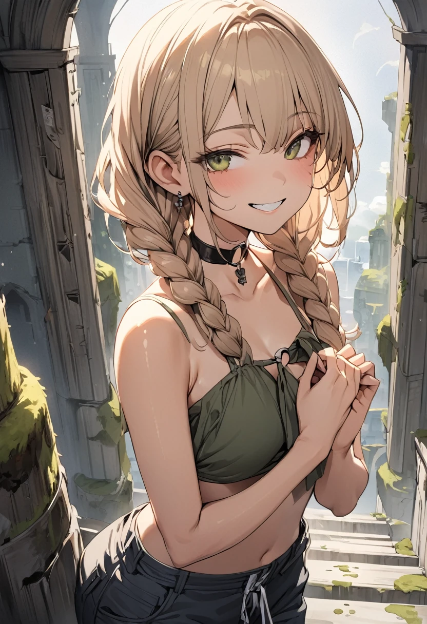 ((masterpiece)), ((Highest quality)), (anime:1.5), (RAW Photos:1.2),(High resolution:1.3), (Professional photography:1.2), (Sharp focus), (Perfect light),One girl, (Grin), (Glossy Lips), Upper Body, View your viewers, (loose bikini top), O-ring, Braiding, ((Pull up loose pants with your hands)), choker, Light brown hair, (Mist effect:1.3), (At the top of the stairs),((In a moss-covered abandoned church)), (Super Detail:1.2),