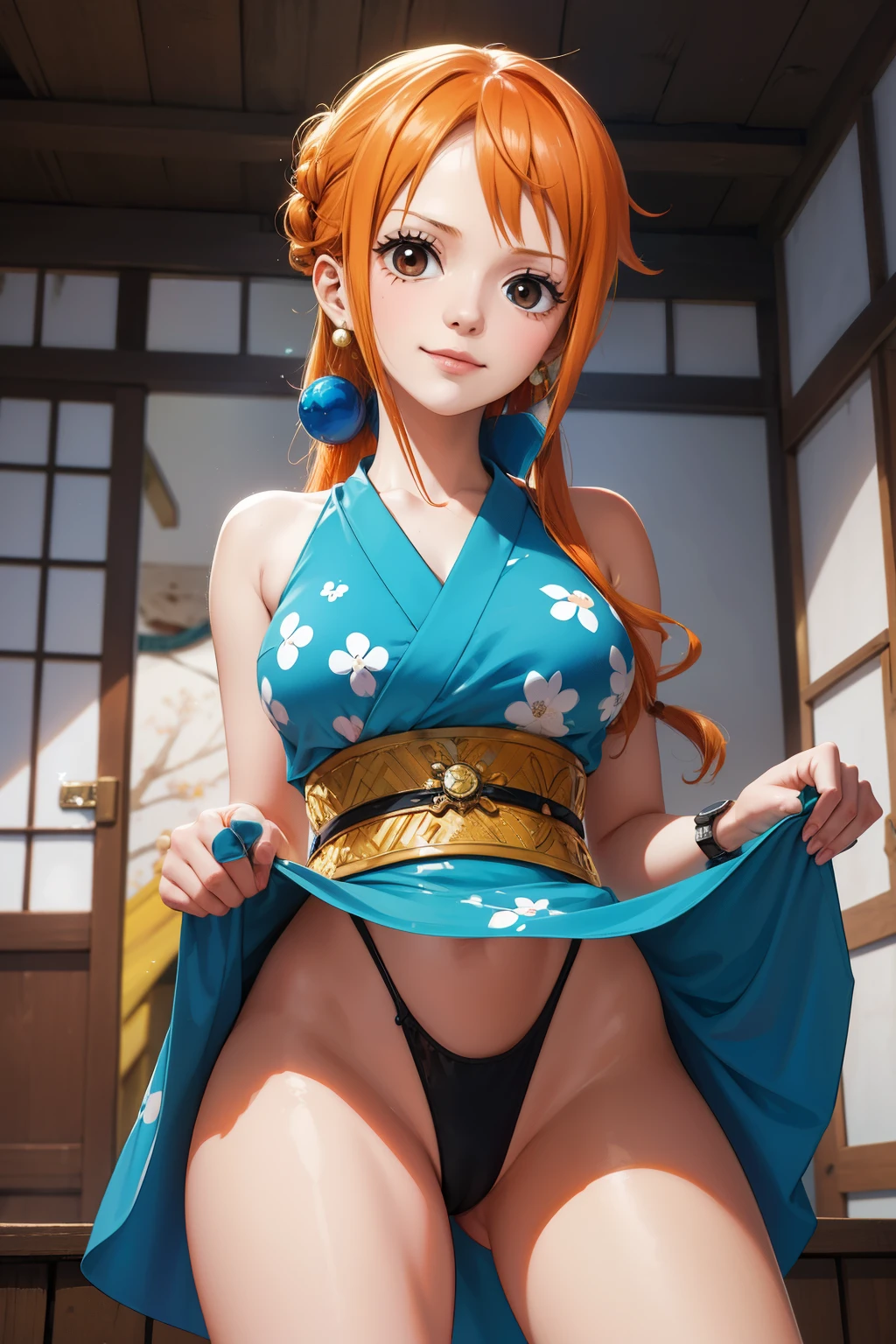 NamiFinal, nami fazer anime one piece, hair orange, bangss, hair in a bun, appealing, appealing woman, perfectbody, perfectly shaped breasts, vestindo um quimono, wearing earrings, Wearing a watch, in park, cherry tree, traditional house japan, gazing at viewer, slightly-smile, 真实感, Artwork, textured leather, super verbose, high détail, high qualiy, best quality, 1080P, 16K