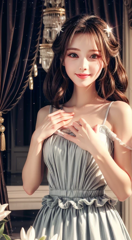 最high quality, masterpiece, High resolution, One girl, Porcelain Dress, hair accessory, necklace, jewelry, Beautiful Face, On the body, Tyndall effect, Realistic, Dark studio, Edge lighting, Two-tone lighting, (Skin with attention to detail: 1.2), 8k UHD, Digital SLR, Soft Light, high quality, Volumetric Light, Frank, photograph, High resolution, 4K, 8k, Background Blur,Beautiful big eyes、Charm、Luxury Dresses,high quality、Ultra delicate、8k、Princess dress preparation 
