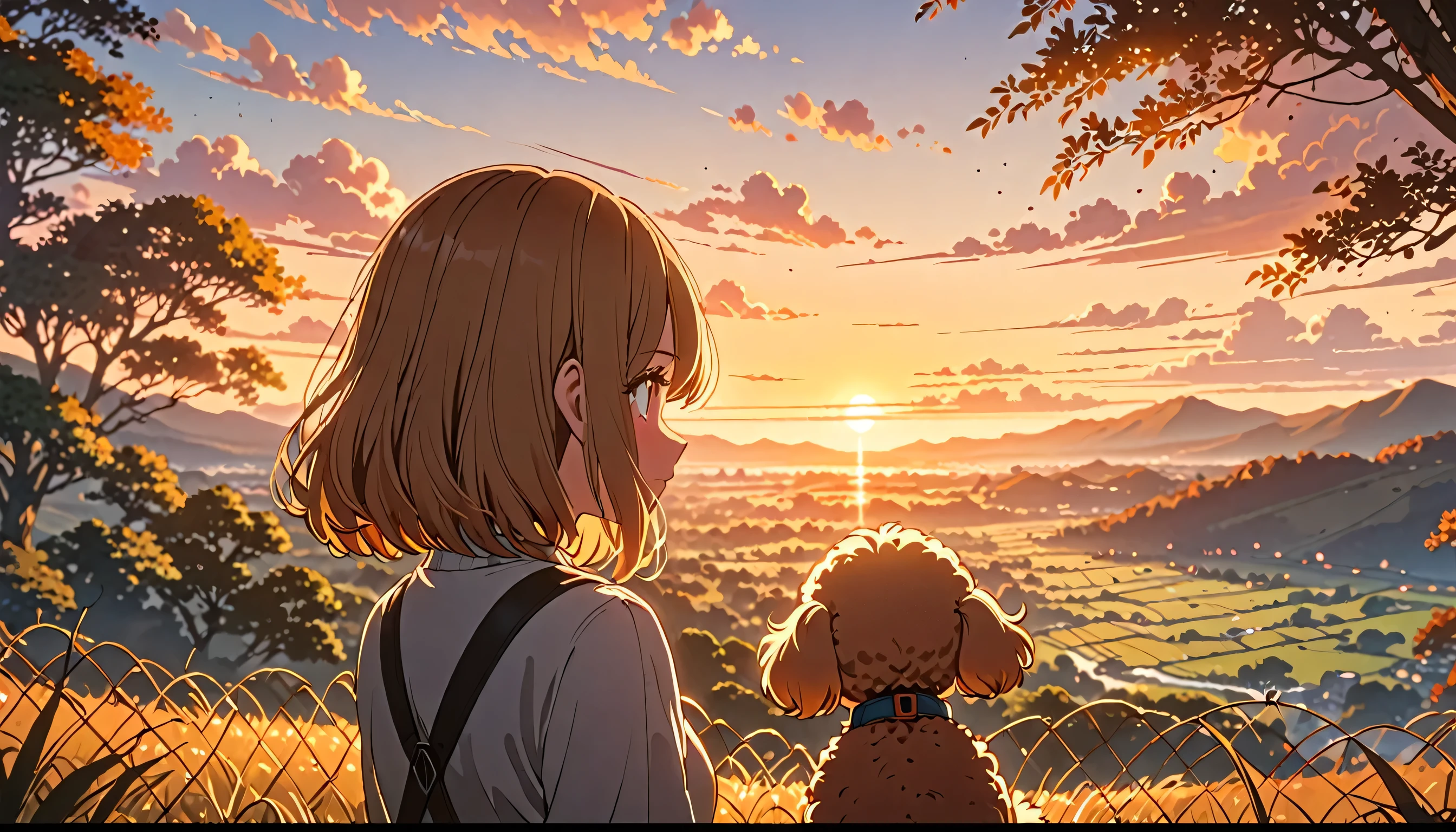 a girl with a toy poodle watching the sunset, back shot, detailed face and eyes, long eyelashes, standing in a scenic landscape, (best quality,4k,8k,highres,masterpiece:1.2),ultra-detailed,(animetic:1.37),detailed illustration,soft lighting,vibrant colors,golden hour,warm tones,cinematic composition