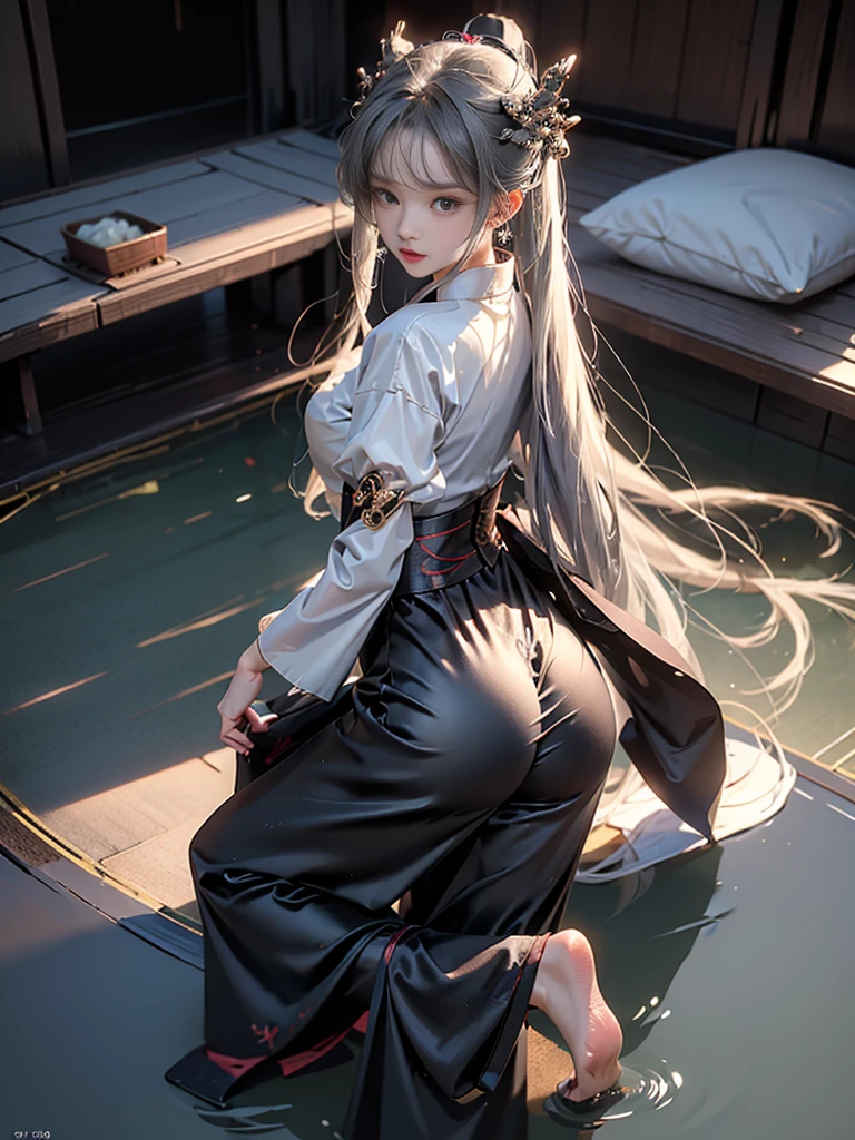 ((best quality)),((excellent quality, 8K, master piece: 1.5)), The pubic area is clear: 1.4, perfect body beauty: 1.4,  sexy hanfu clothes，sexy hanfu clothes，I can see your pants，gray hair，wet skin, sleeping in bed，back stance，pointed ass，round butt，pointed ass，Raise your ass，film texture，