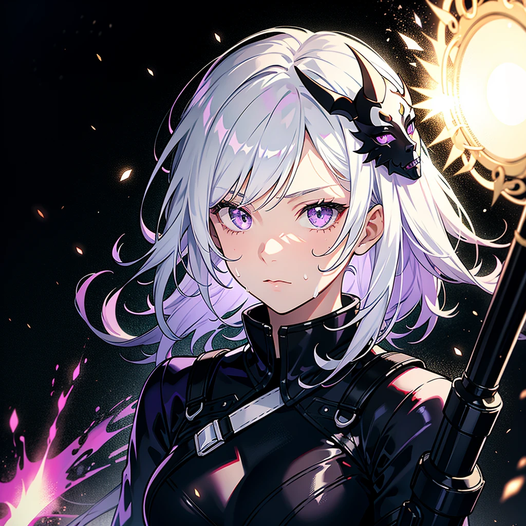 1 Girl, White hair, Colorful hair, Purple Eyes, masks on head, Side Light, Light Particles, wallpaper, Armed, Sweating
