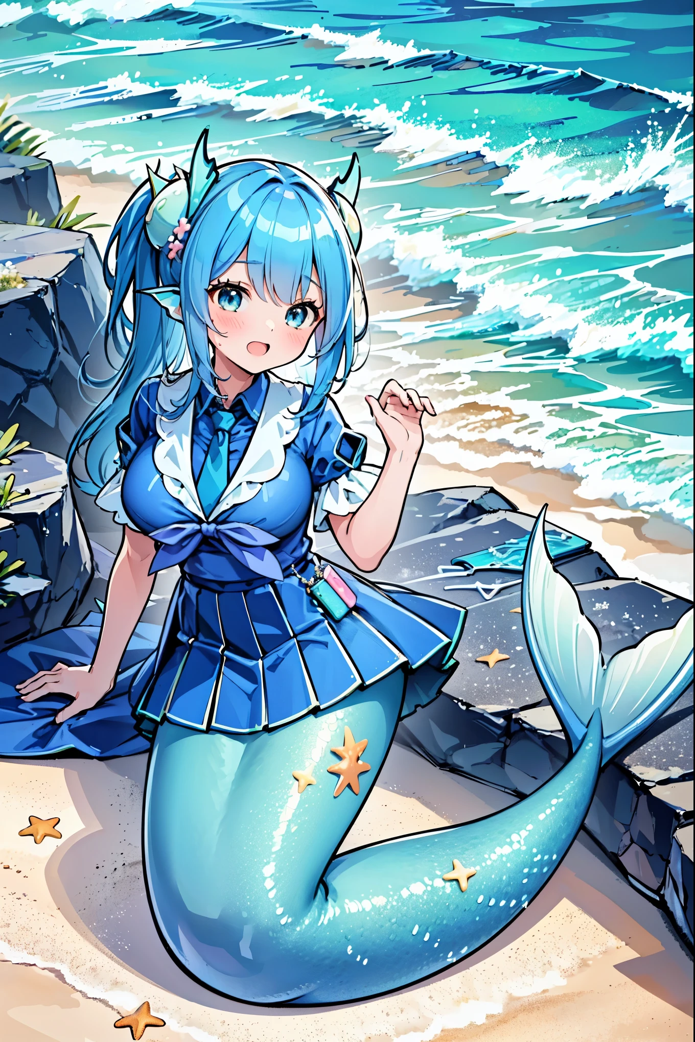 masterpiece, best quality,(Full fingers),A woman,独奏,Mermaid,Large Breasts,Head fin,Blue shirt,Blue Skirt,藍色的Mermaid尾巴,full-body shot,ocean,Beach,charming脸(Kawaii, charming,Soft)