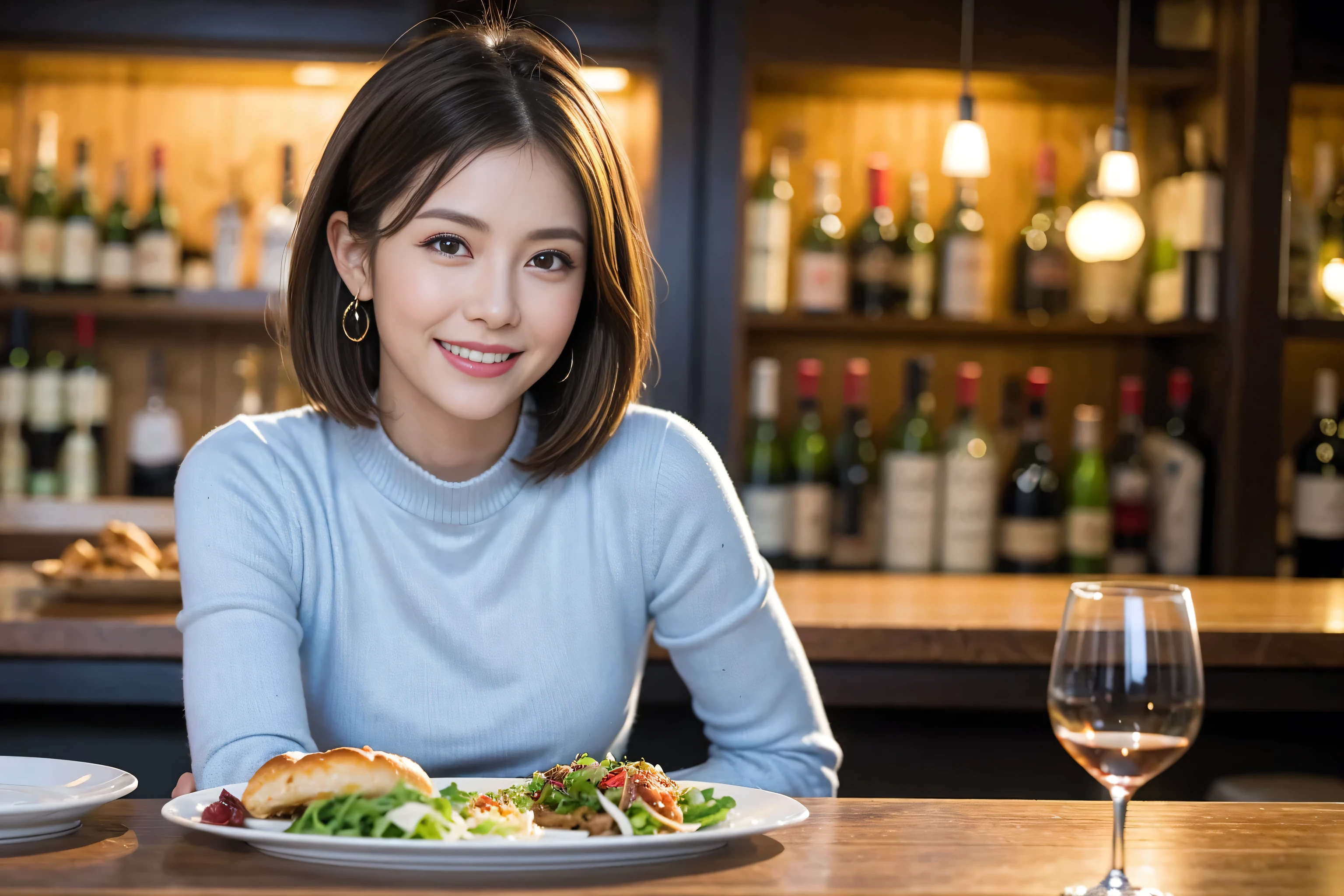 (Realistic:1.1),(masterpiece,Highest quality),8k,(49 years old), 53 years old, ベリーslimボディ、slimカップル、Tight waist,Upper Body,full-course dinner、wine 、Amazing view of the sunset sky and clouds、Perfect Anatomy, Brown Hair, short hair,Random Hairstyles,((Highly detailed face and eyes:1.2)),Perfect golden ratio face,Long sleeve shirt、dress,(smile:1.2)、Shortcuts、cute、(Realistic, Intricate details:1.2), A bright smile、short hair,Bright Face、赤wine 、Appetizers、Italian food、wine bottle、Champagne、スパークリングwine、(slimな顔), (The body is slim), (Brown Hair), (Shortcuts), Upper Body, 白wine, slim, wineグラス,