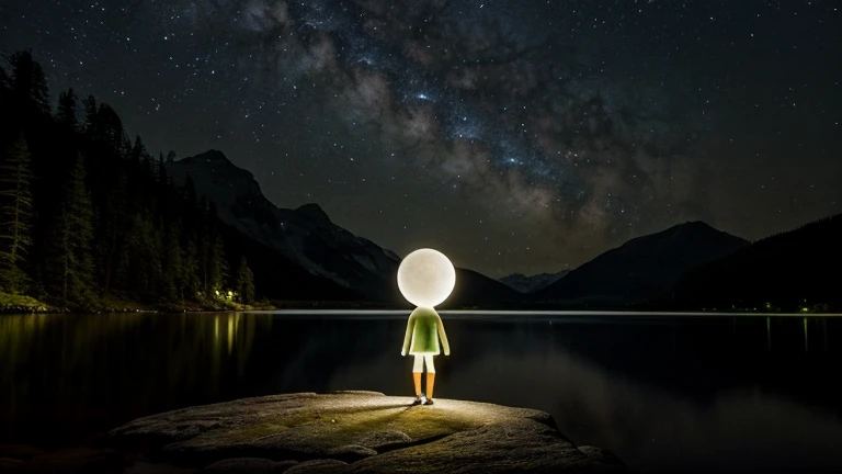 A glowing,small creature like allien standing at the edge of a serene, moonlit lake.ghibli studio