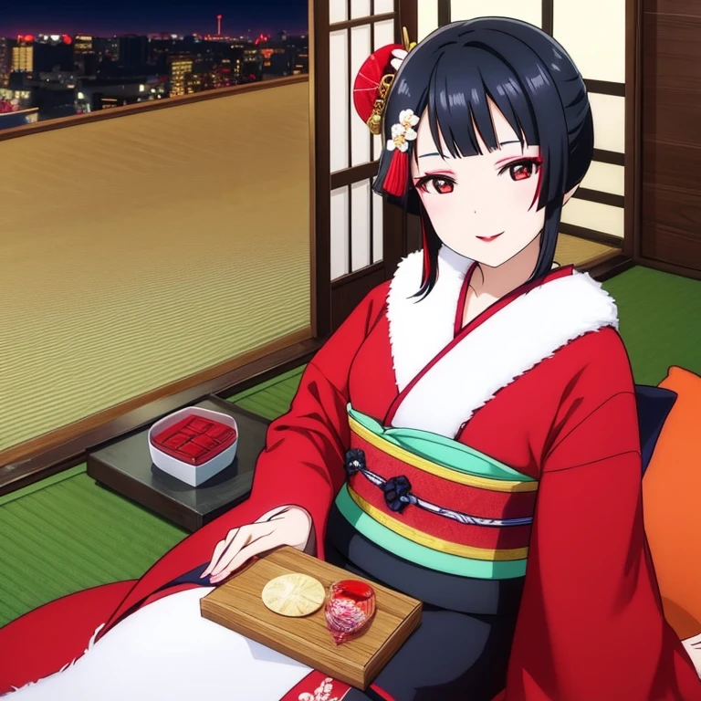 Geisha, geisha make up, light smile, red lips, kimono, red eyeshadow, black hair, black eyes, sit on tatami, looking at viewer, night, moonlight, 