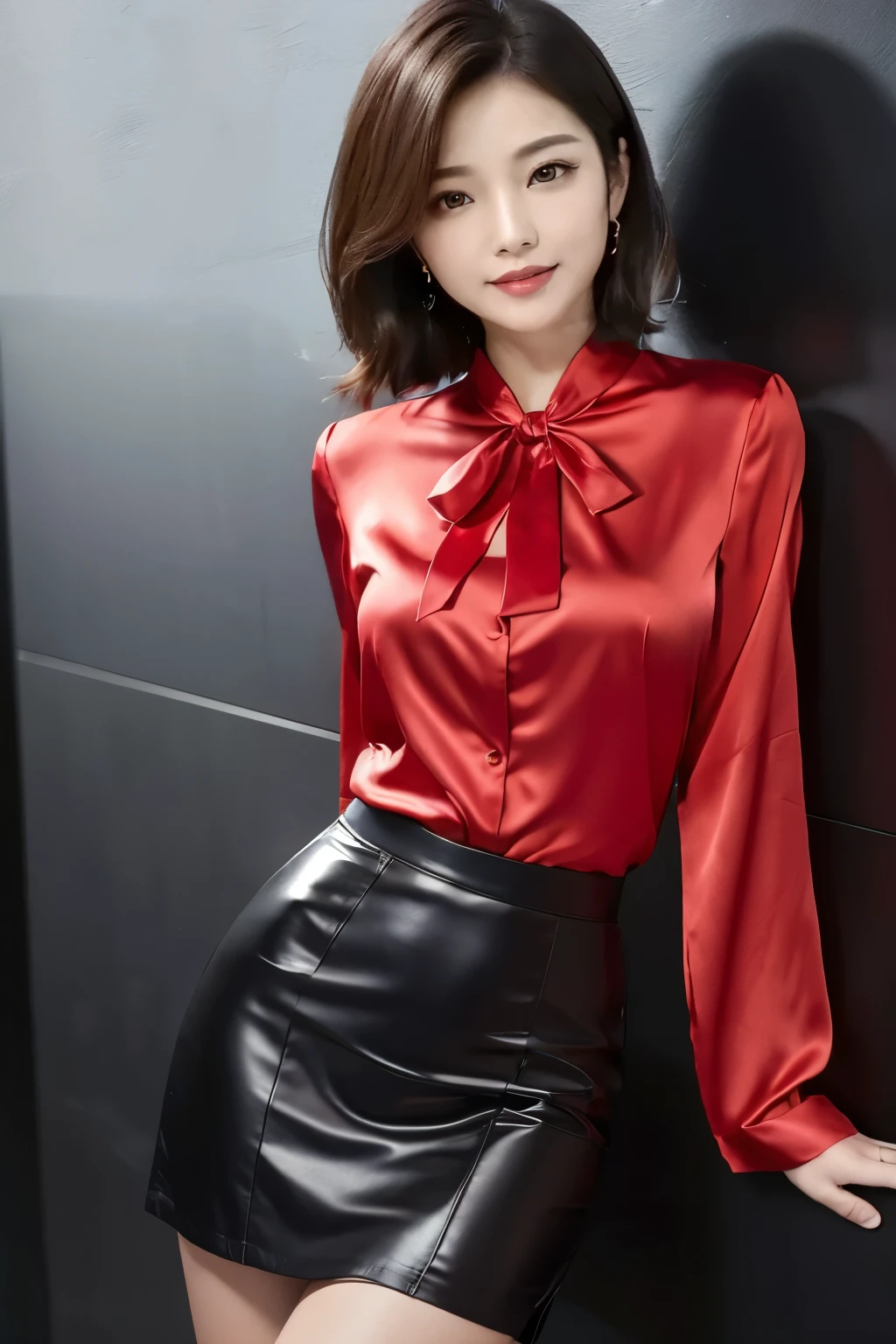 masterpiece、Highest quality、High resolution、Realistic、Beautiful Skin、Slim style、Medium chest、short hair、Full Body Shot、formal,Crimson、 satin silk business suit、Ribbon blouse、Leather tight skirt(Crimson)