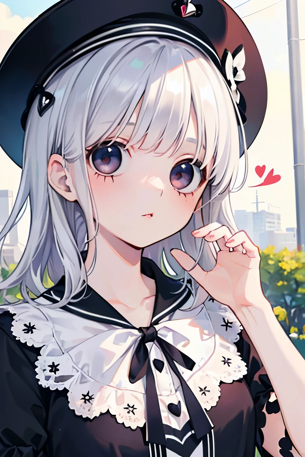 beautiful cute girl,((silver hair:1.2)),(Medium wave hair:1.1),(love with it eyes:1.2),(heart eyes:1.2),(princess:1.1),(White cap:1.25),((lace blouse:1.2)),kiss Face,(outdoor:1.25),(上からのアングル:1.1)