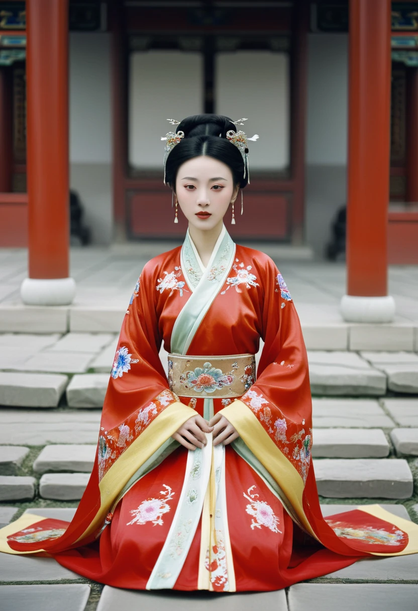 A woman seen from the front, facing forward as if urinating on the ground, with her legs spread apart. Empress of the Qing Dynasty, Chinese imperial court. The empress of China is not wearing a crown and is wearing a red Manchu dress with a floral pattern, open at the front, exposing her chest, lower abdomen, thighs and feet.。She is wearing no underwear, and her large breasts are exposed, right down to her bare stomach. Her hair is tied up and pulled up, and the background is the stone pavement of the Chinese palace of the Qing Dynasty.