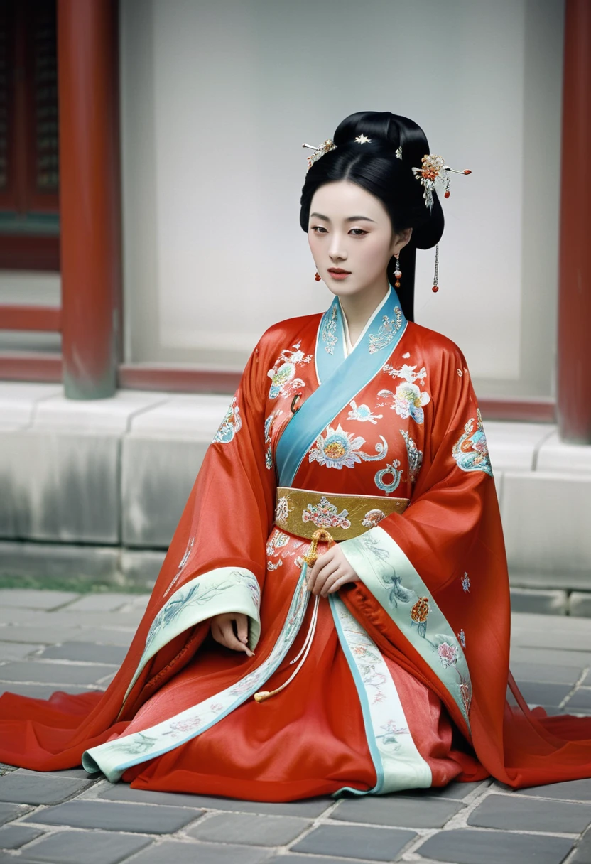 A woman seen from the front, facing forward as if urinating on the ground, with her legs spread apart. Empress of the Qing Dynasty, Chinese imperial court. The empress of China is not wearing a crown and is wearing a red Manchu dress with a floral pattern, open at the front, exposing her chest, lower abdomen, thighs and feet.。She is wearing no underwear, and her large breasts are exposed, right down to her bare stomach. Her hair is tied up and pulled up, and the background is the stone pavement of the Chinese palace of the Qing Dynasty.