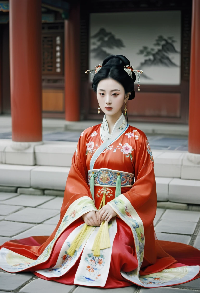 A woman seen from the front, facing forward as if urinating on the ground, with her legs spread apart. Empress of the Qing Dynasty, Chinese imperial court. The empress of China is not wearing a crown and is wearing a red Manchu dress with a floral pattern, open at the front, exposing her chest, lower abdomen, thighs and feet.。She is wearing no underwear, and her large breasts are exposed, right down to her bare stomach. Her hair is tied up and pulled up, and the background is the stone pavement of the Chinese palace of the Qing Dynasty.