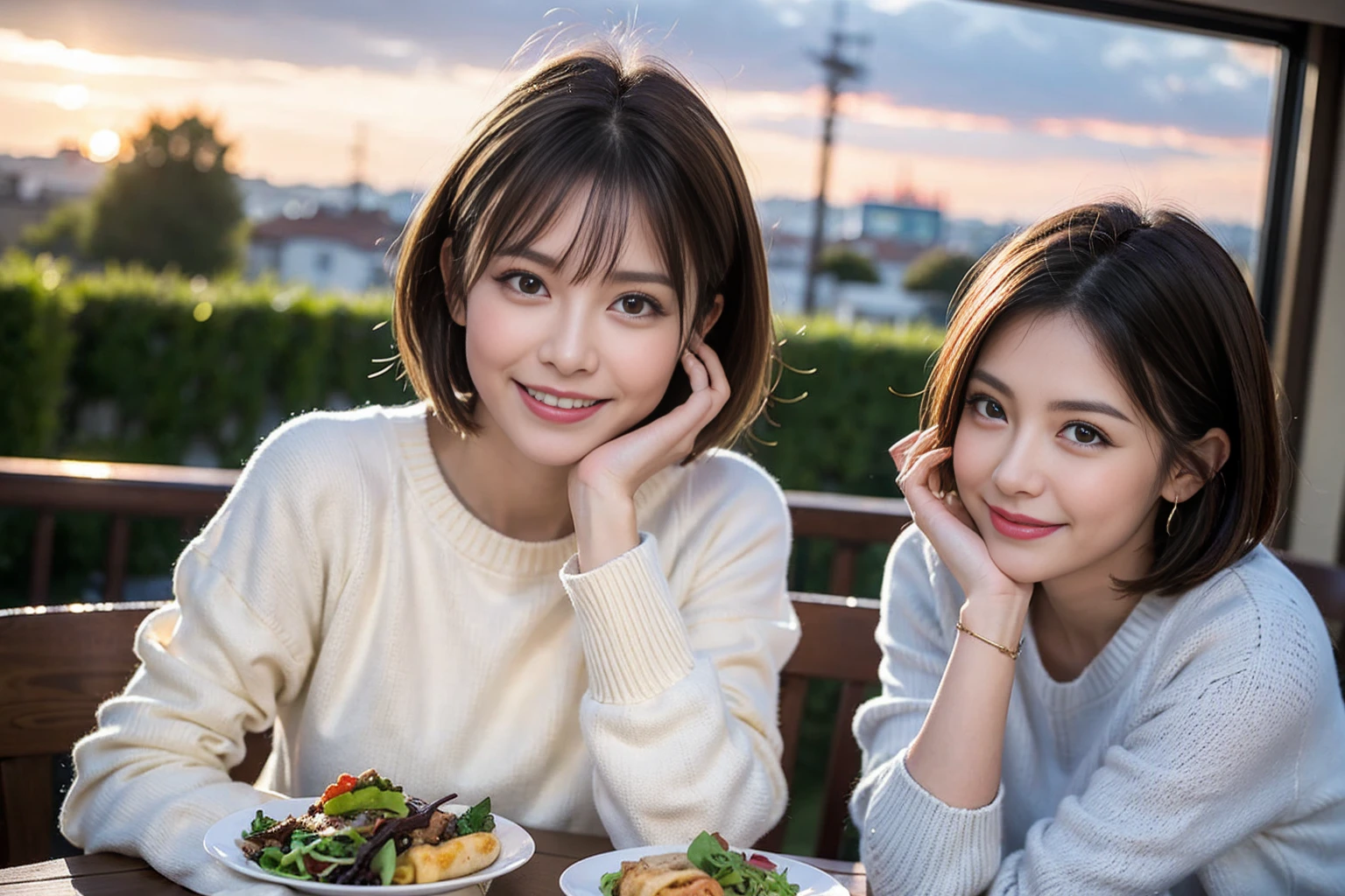 (Realistic:1.1),(masterpiece,Highest quality),8k,(51 years old), 53 years old, ベリーslimボディ、slimカップル、Tight waist,Upper Body,full-course dinner、wine 、Amazing view of the sunset sky and clouds、Perfect ???????, Brown Hair, short hair,Random Hairstyles,((Highly detailed face and eyes:1.2)),Perfect golden ratio face,Long sleeve shirt、dress,(smile:1.2)、Shortcuts、cute、(Realistic, Intricate details:1.2), A bright smile、short hair,Bright Face、赤wine 、Appetizers、Italian food、wine bottle、Champagne、スパークリングwine、(slimな顔), (The body is slim), (Brown Hair), (Shortcuts), Upper Body, 白wine, slim, wineグラス,