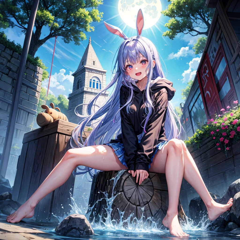 Blue-light purple hair、Red eyes、One cute girl、solo、And soul、Light clothing、Checked mini skirt、petal、Wet hair、Sit on、black t-shirts、Rabbit Hoodie、Has a button、large tree、cloud、Red full moon、desert、barefoot、Stones are piled up、Teeth are visible、Secret Treasure、Wooden chair、Fortress City、water is gushing out、Tilting face、Hands together、pyramid、Golden Bell