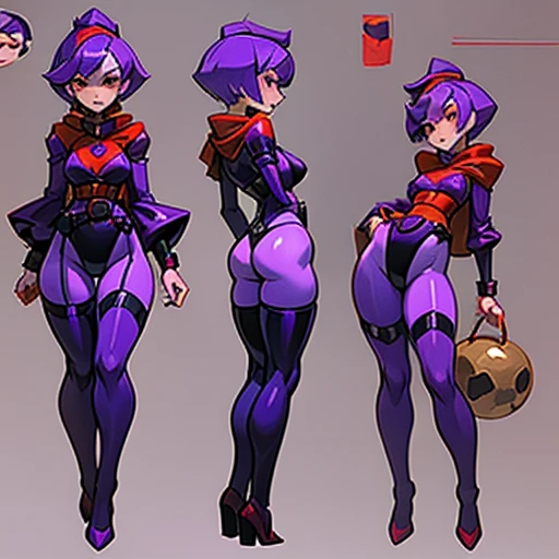 Slim woman with pronounced hips y
And gray skin, with Short purple hair and bop style cut, small black lips, big red eyes  , dressed in erotic black latex bunny suit ,With a golden belt with red circular stones, a purple hood And ref stockings , in various views (front and back) (full body) ((Character sheet)) 