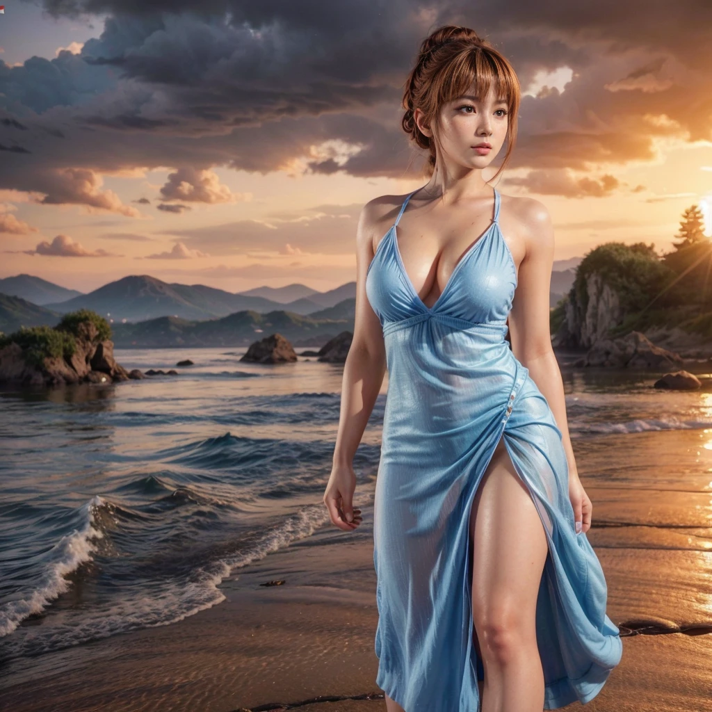 Kasumi, brown eyes, (best quality, ultra detail), (realistic:1.37), beautiful and detailed face, ultra-realistic texture, Delicate face, delicate body, red lipstick, bright colors. high definition, 8K.