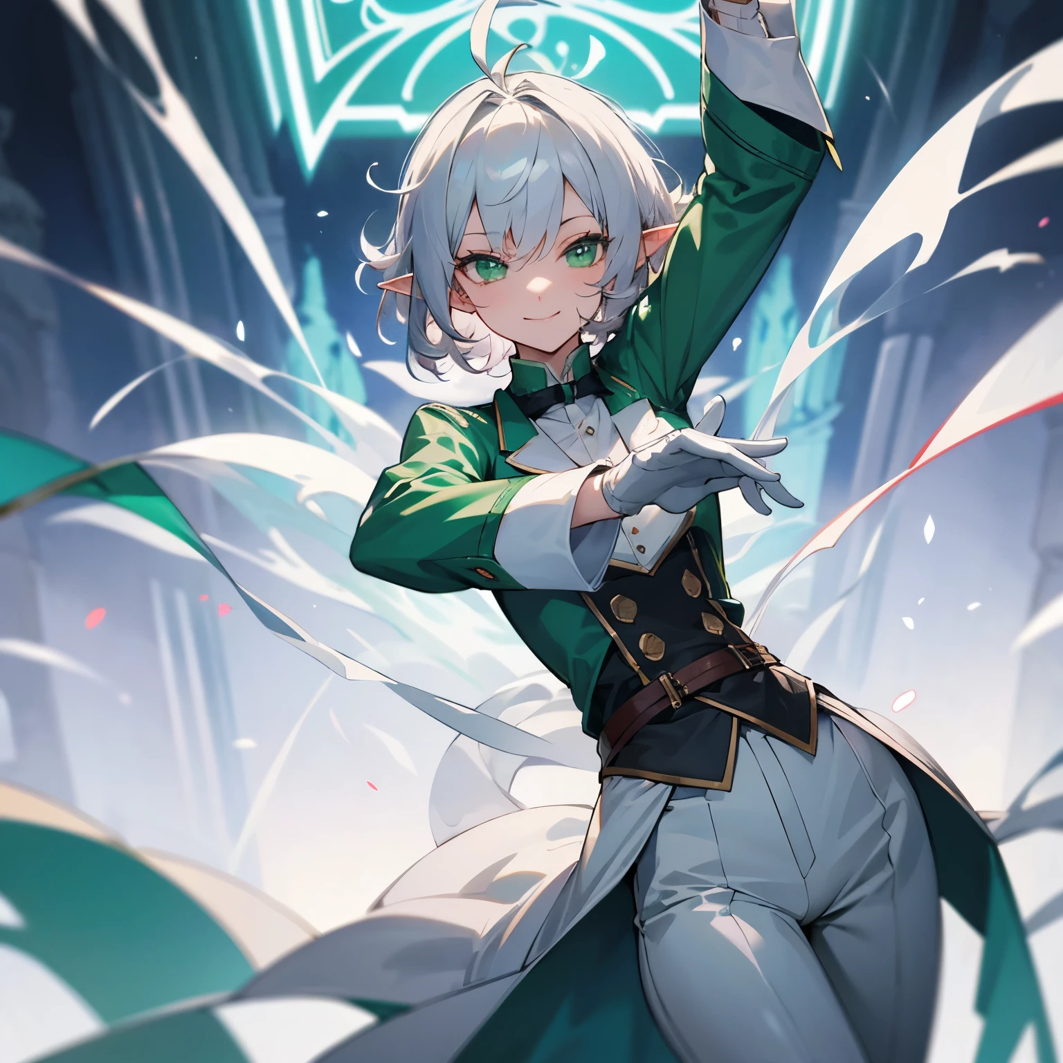 Elf, silver hair,short hair, medium cut, ahoge, curly hair,green eyes,slender, fair skin, cool Smile , White gloves, long boots, pants, tailcoat, Dance party, upper body, looking at viewer, inside, mansion