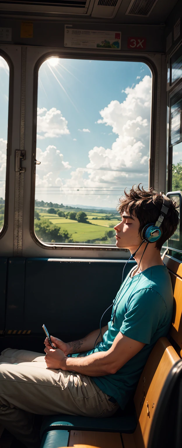 A young man, lost in thought, rides a bus under a sky dappled with clouds. Wearing headphones and a slightly wrinkled shirt, he appears deeply absorbed in his music, his eyes closed as he leans back in his seat. Sunlight streams through the windows, casting a serene glow on his face and the bus's interior. The world outside blurs into a mix of greens and blues, suggesting a peaceful countryside journey. Write a scene that explores his thoughts and emotions during this moment of quiet reflect