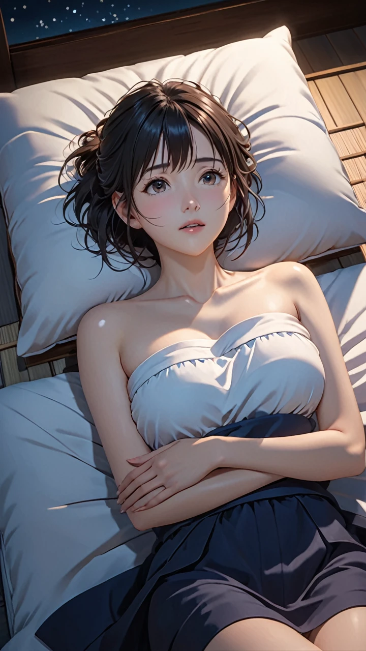 masterpiece, High resolution, figure, Kyoto Animation Style, Your Name Movie Style, night, mid-night, Light, (1girl:1.3), (alone:1.4), Long eyelashes, messy hair, medium hair, futon, Lying down, (covering chest by hand), (((in heat, aroused, wishful))), ideal ratio body proportions, sagging breasts, from above, looking up at viewer, {{{{vulgarity}}}}