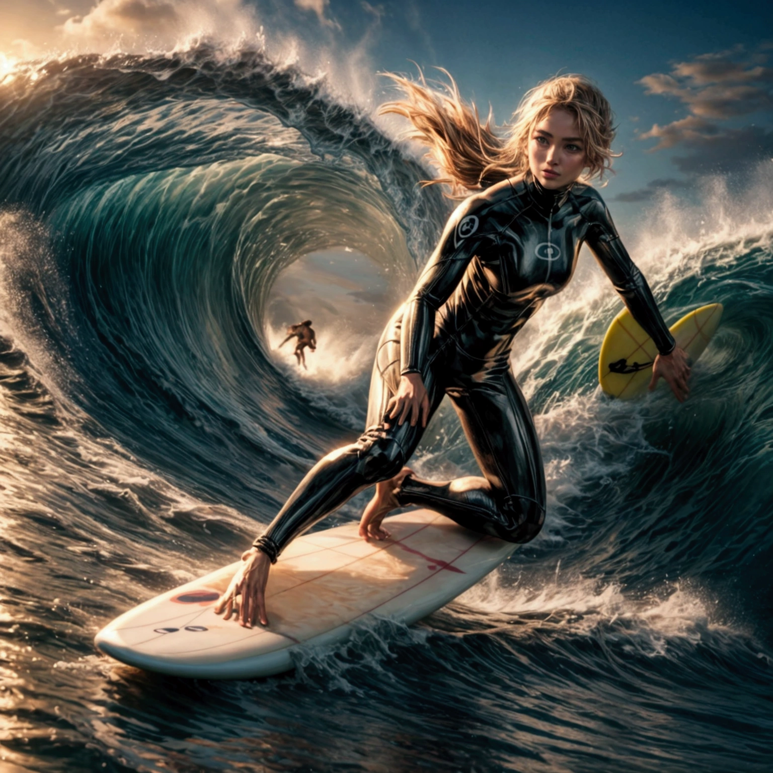 Hawaii Islands North Shore,
(In the midst of big waves rolling around the tube１Surfer riding a wave on a surfboard:1.3),
Green Room,A supreme moment,dusk,Beautiful light shining,
(Surfer close up:1.2),
Cinematic light effects,Dynamic configuration,
Super detailed,Detailed face,Detailed Hair,Detailed eyes,Detailed mouth,
reality,Actual photo,Photorealistic,
masterpiece,Highest quality,High resolution,Ray Tracing,8k,Raw photo,Award-winning,
beautiful,Browsing Caution,Perfect human body,Perfect Anatomy,
Perfect Fingers,