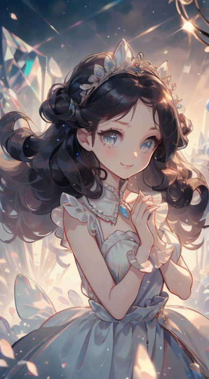 Dramatic composition, Court-style dress, Royal, nice, カスケードFrills, Frills, bow, Crystal Chandelier, Roman Curly Hairstyles, to place, , Looking at the camera, bangs, Maximalism, Palace-like background, Delicate depiction of hair and eyes, Princess Dress, nice skirts, Flowers in hands, smile, Starry Eyes, Cinematic Light, Extremely detailed, High resolution, happy woman, Very long hair, diamond, broken diamond, Crystal Fragment, Particles of light,cool、Super beautiful、In the light、Smooth long hair、Big beautiful eyes、Simple Background