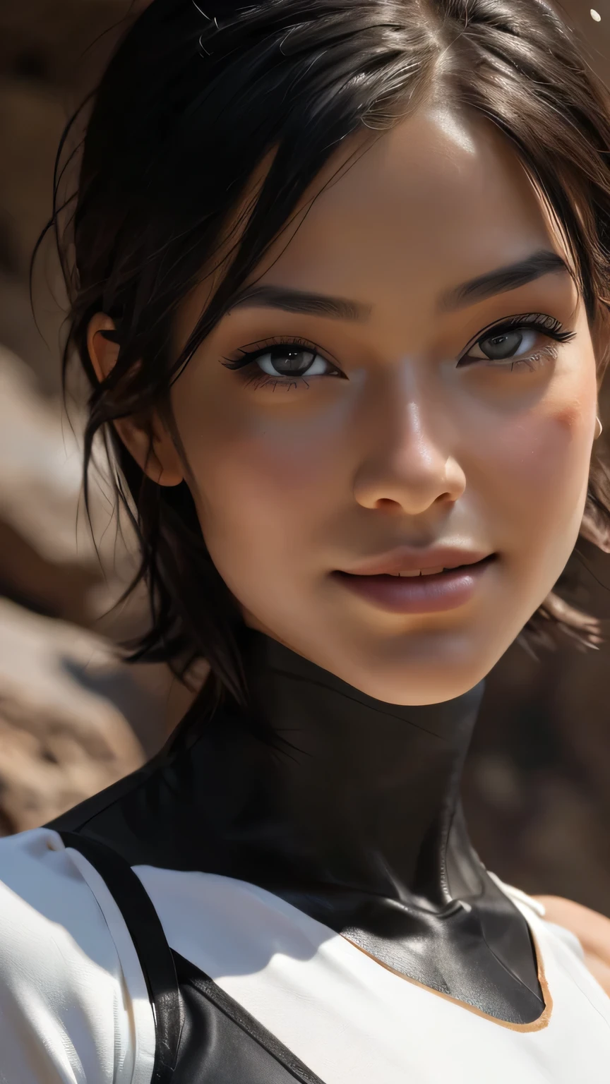 (((Face close-up))), {masterpiece},{最high quality},{One girl}, cute, wonderful, Beautiful attention to detail, Iris, short hair, Black Hair,In detail,Depth of written boundary,Highly detailed CG,original, Highly detailed wallpaper,Upper Body, View your viewers, Beautiful Hairstyles、Detailed face、Exposed breasts、Cleavage、(Big Tits, Hard nipples)、Toned Abs, White skin, Realistic、(Cinema Lighting)、Detail emphasis, Beautiful lighting、Sharp focus. Incredibly stupid, It seems ridiculous.., (((Black and white leotard))), In a dark cave、Inside a realistic cave、masterpiece, 最high quality, high quality, High resolution、(((Face close-up))), Face close-up, smile